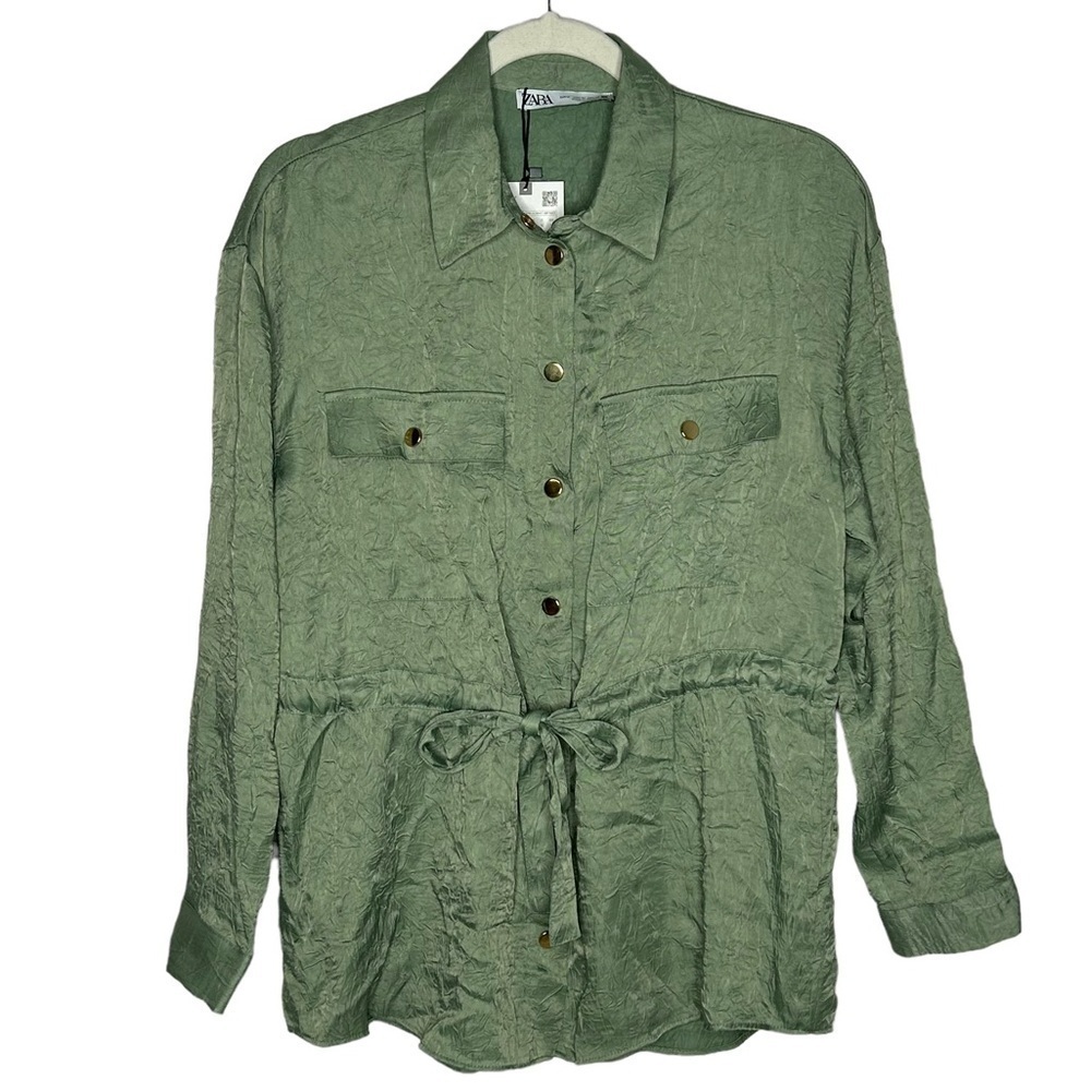 NWT Zara Green Satin Crinkle Cinch Waist Button Down Blouse - Picture 3 of 16